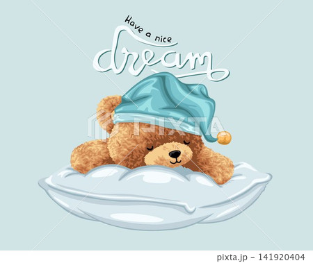 Vector illustration of cute teddy bear with sleeping hat on pillow Vector illustration of cute teddy bear with sleeping hat on pillow 141920404