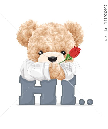 Vector illustration of cute teddy bear holding roses with hi text Vector illustration of cute teddy bear holding roses with hi text 141920407