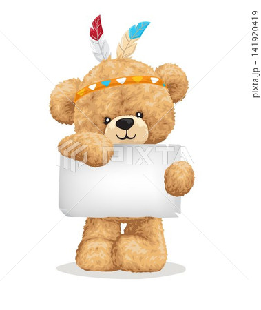 Vector illustration of cute teddy bear with feather headdress holding blank paper 141920419