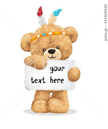 Vector illustration of cute teddy bear with feather headdress holding blank paper 141920420