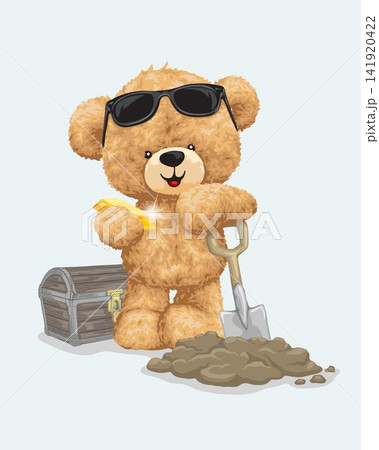 Vector illustration of teddy bear holding gold, digging treasure with shovel 141920422