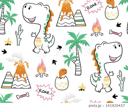 seamless pattern vector of cartoon dinosaur with prehistoric elements seamless pattern vector of cartoon dinosaur with prehistoric elements 141920437
