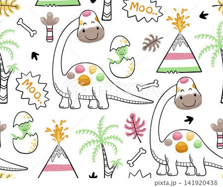seamless pattern vector of cartoon dinosaur with prehistoric elements seamless pattern vector of cartoon dinosaur with prehistoric elements 141920438