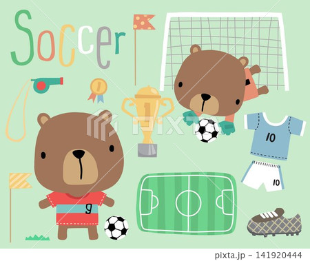 Vector illustration of cartoon bear playing soccer, soccer elements illustration Vector illustration of cartoon bear playing soccer, soccer elements illustration 141920444