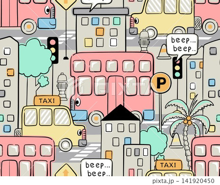 seamless pattern vector of city traffic cartoon elements with smiling vehicles seamless pattern vector of city traffic cartoon elements with smiling vehicles 141920450