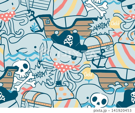 seamless pattern vector of pirate sailing cartoon elements with octopus and whale seamless pattern vector of pirate sailing cartoon elements with octopus and whale 141920453