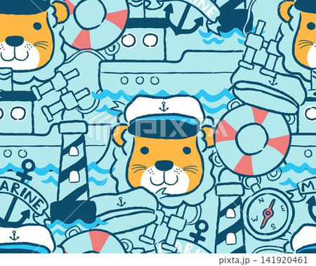 seamless pattern vector of sailing elements cartoon with funny lion seamless pattern vector of sailing elements cartoon with funny lion 141920461