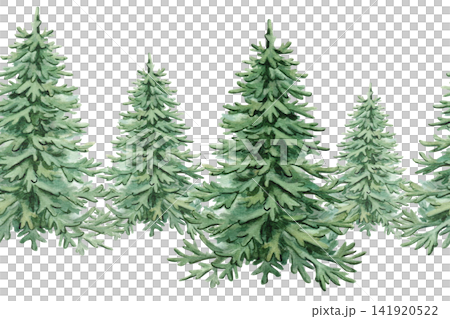 Seamless border with stylized Christmas trees. Isolated watercolor illustration for New Year's cards, invitations, children's book design, wrapping paper, and nursery decor. Seamless border with stylized Christmas trees. Isolated watercolor illustration for New Year's cards, invitations, children's book design, wrapping paper, and nursery decor. 141920522