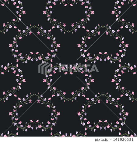 A seamless watercolor pattern with pink and lilac flowers on a black background. Suitable for packaging, textiles, invitations, culinary blogs, natural cosmetics labels, and vintage postcard designs. A seamless watercolor pattern with pink and lilac flowers on a black background. Suitable for packaging, textiles, invitations, culinary blogs, natural cosmetics labels, and vintage postcard designs. 141920531