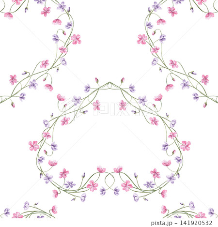 A seamless watercolor pattern with pink and lilac flowers on thin green stems. Suitable for packaging, textiles, invitations, culinary blogs, natural cosmetics labels, and vintage postcard designs. A seamless watercolor pattern with pink and lilac flowers on thin green stems. Suitable for packaging, textiles, invitations, culinary blogs, natural cosmetics labels, and vintage postcard designs. 141920532