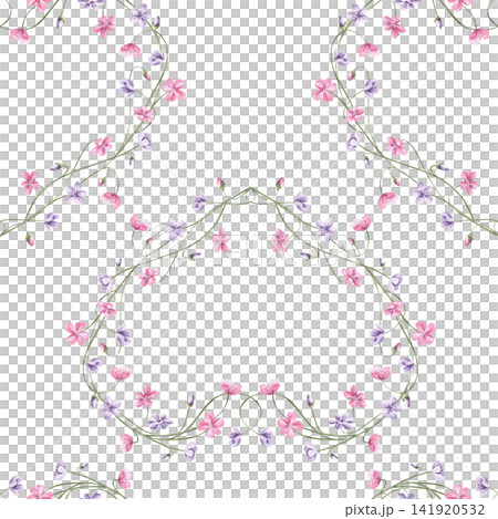 A seamless watercolor pattern with pink and lilac flowers on thin green stems. Suitable for packaging, textiles, invitations, culinary blogs, natural cosmetics labels, and vintage postcard designs. A seamless watercolor pattern with pink and lilac flowers on thin green stems. Suitable for packaging, textiles, invitations, culinary blogs, natural cosmetics labels, and vintage postcard designs. 141920532