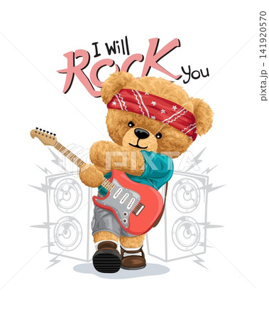 Vector illustration of hand drawn teddy bear in rocker costume playing electric guitar 141920570