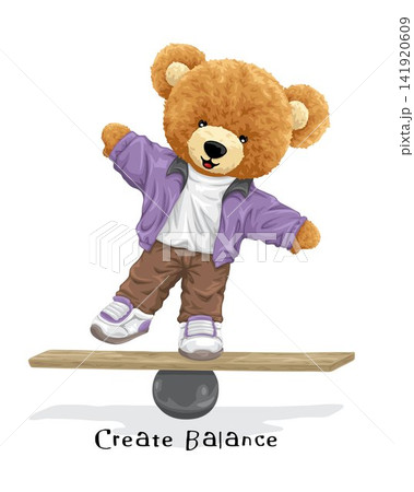 Vector illustration of hand drawn teddy bear standing on board keep balance 141920609