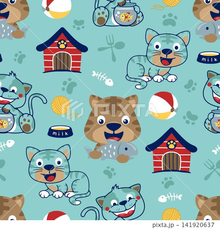 Seamless pattern vector of funny cat cartoon with pets care elements Seamless pattern vector of funny cat cartoon with pets care elements 141920637