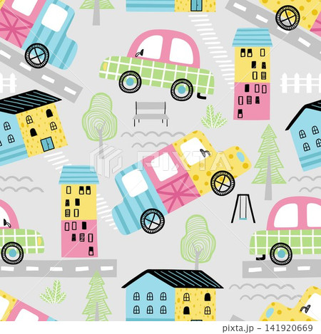 Seamless pattern vector of cute cars in little town, doodle cartoon arts 141920669