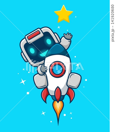 Robot character sitting on a rocket reaching for a star. 141920680