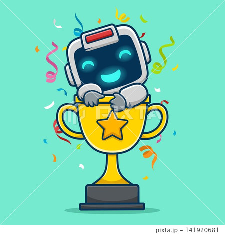 Happy robot character celebrating victory inside a gold trophy cup. Happy robot character celebrating victory inside a gold trophy cup. 141920681