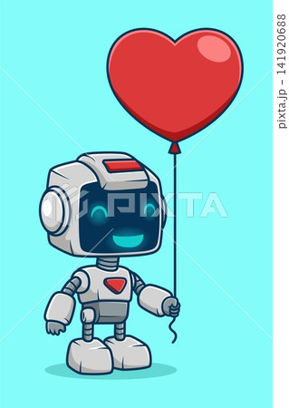 Cute white robot character holding a large red heart balloon. Cute white robot character holding a large red heart balloon. 141920688