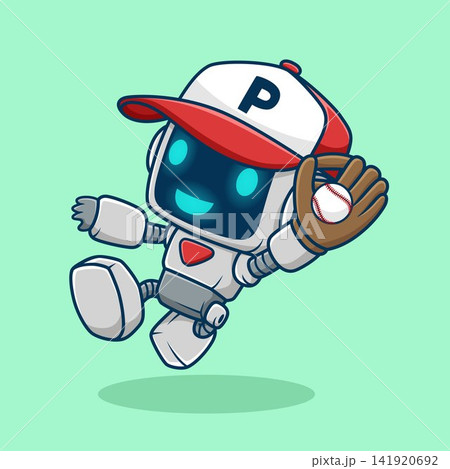 Cute cartoon robot jumping to catch a flying baseball ball. 141920692