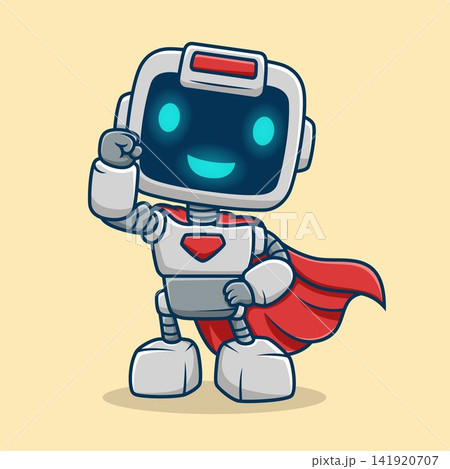 Brave robot character posing as a superhero with red cape. 141920707