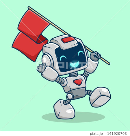 Happy robot character running and holding a red flag. 141920708