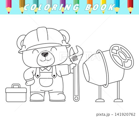 Coloring book of cute bear in worker uniform holding big wrench with concrete mixer and toolbox. Vector cartoon illustration Coloring book of cute bear in worker uniform holding big wrench with concrete mixer and toolbox. Vector cartoon illustration 141920762