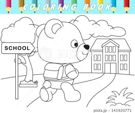 Coloring book of cute bear going to school. Vector cartoon illustration Coloring book of cute bear going to school. Vector cartoon illustration 141920771