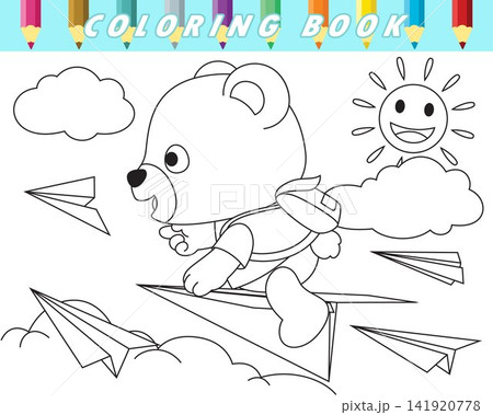 Coloring book of cute teddy bear flying on sky with paper plane, sun behind clouds. Vector cartoon illustration Coloring book of cute teddy bear flying on sky with paper plane, sun behind clouds. Vector cartoon illustration 141920778