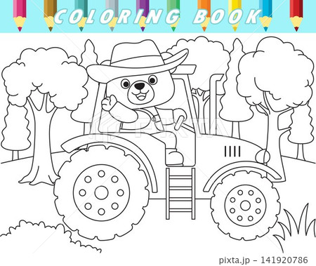 Coloring book of cute teddy bear driving tractor on trees background. Vector cartoon illustration 141920786