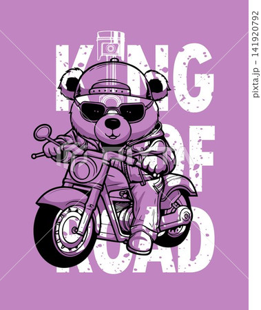 Biker bear with sunglasses riding motorcycle. Contour art vector illustration 141920792