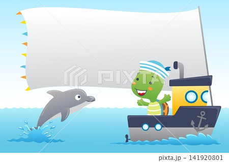 Cute turtle on boat with dolphin jump out from water. Marine animals with blank sign vector illustration Cute turtle on boat with dolphin jump out from water. Marine animals with blank sign vector illustration 141920801