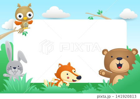 Funny woodland animals cartoon with blank sign. Vector illustration Funny woodland animals cartoon with blank sign. Vector illustration 141920813