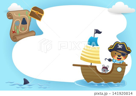 Cute bear pirate on sailboat with blank sign. Pirate elements vector cartoon illustration 141920814