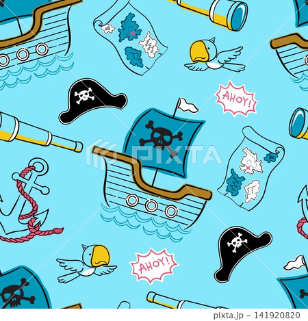 Seamless pattern vector of pirate sailing element cartoon in hand drawn style 141920820