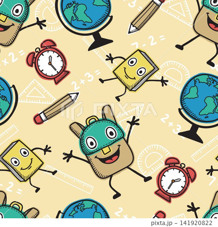 Seamless pattern vector of school supplies cartoon element in hand drawing style 141920822