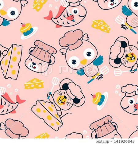 Seamless pattern vector of cute animals wearing chef hat with spatula and cake 141920843