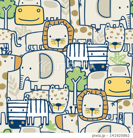 Seamless pattern vector of wildlife animals cartoon in contour art concept Seamless pattern vector of wildlife animals cartoon in contour art concept 141920862