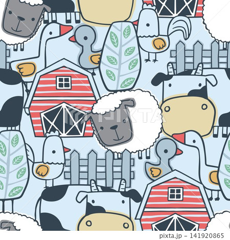 Seamless pattern vector of farm animals cartoon with barn 141920865