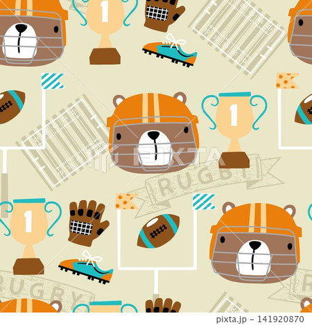 Seamless pattern vector of cartoon cute bear face with rugby elements illustration Seamless pattern vector of cartoon cute bear face with rugby elements illustration 141920870