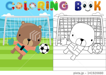 Vector cartoon illustration, cute bear goalkeeper in soccer stadium, coloring book or page 141920880
