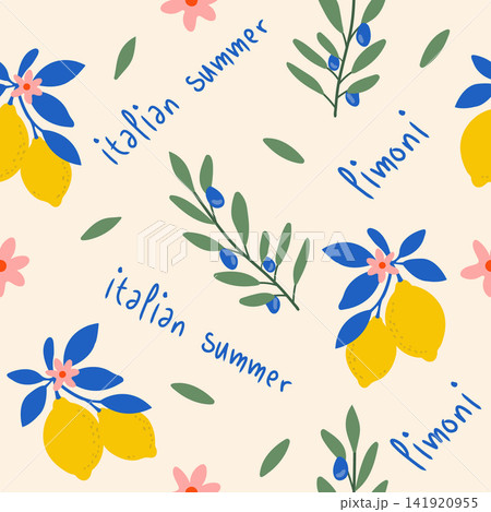 Italian Summer Seamless Pattern With Lemons, Flowers, Olive Branches and Leaves 141920955