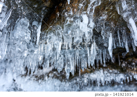 岩陰に連なる透明な氷柱、冬のバイカル湖 岩陰に連なる透明な氷柱、冬のバイカル湖 141921014