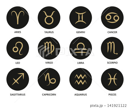 Golden Zodiac Signs in Black Circular Icons 141921122