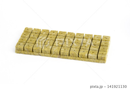 A sheet of precut square rockwool cubes on a white background, ready for hydroponic planting and propagation. 141921130