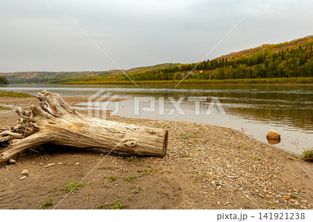 Calm warm autumn day at the river among yellow forests. Calm warm autumn day at the river among yellow forests. 141921238