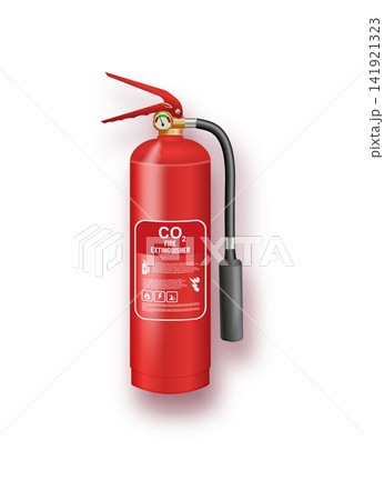 CO2 Fire Extinguisher with Discharge Nozzle on White Background. Fire safety equipment illustration featuring red extinguisher with flame symbols. 141921323