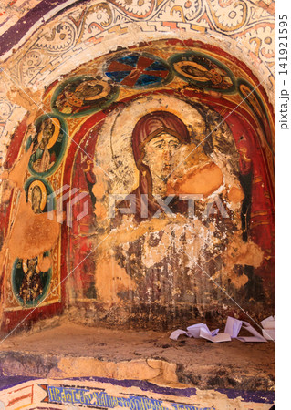 Ancient fresco of Virgin Mary with Byzantine patterns in Saint Catherine's monastery, Sinai Peninsula, Egypt Ancient fresco of Virgin Mary with Byzantine patterns in Saint Catherine's monastery, Sinai Peninsula, Egypt 141921595