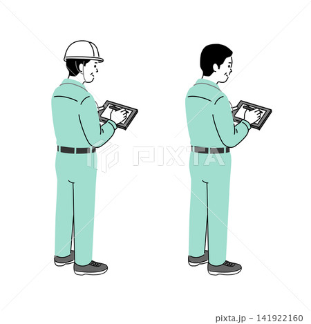 タブレットで点検・確認作業をする男性作業員のイラストセット タブレットで点検・確認作業をする男性作業員のイラストセット 141922160