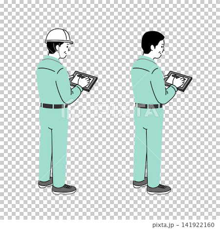 タブレットで点検・確認作業をする男性作業員のイラストセット 141922160