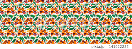 Asian seamless pattern with large tiger faces on white background. Cartoon tiger illustration with lush foliage for fabric and wrapping paper. Drag to swatches panel to use Asian seamless pattern with large tiger faces on white background. Cartoon tiger illustration with lush foliage for fabric and wrapping paper. Drag to swatches panel to use 141922225